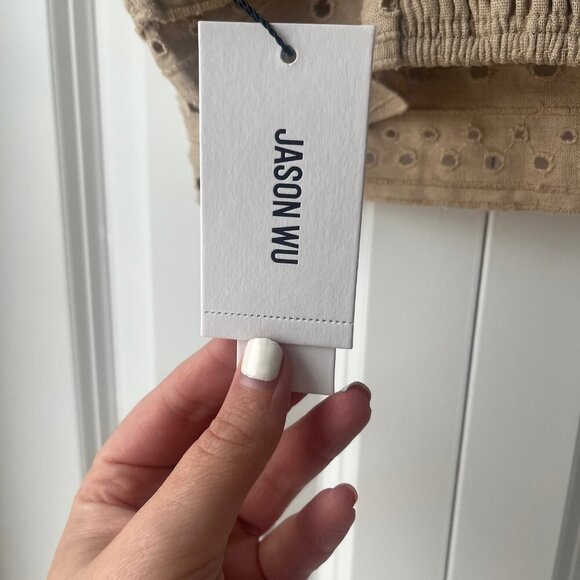 NWT Jason Wu Tan Beige Linen Wrap Eyelet Cropped Smocked Midi Skirt Tank Set, 8 - Picture 3 of 14